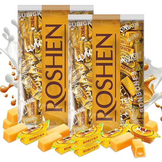 Roshen Korivka Milk Fudge Candy, 2.2 Lb (1kg) Ukrainian Non-Glazed Dairy Fudge with Sugary Crust & Creamy Liquid Filling, Individually Wrapped, Kosher, Halal (Pack of 2)