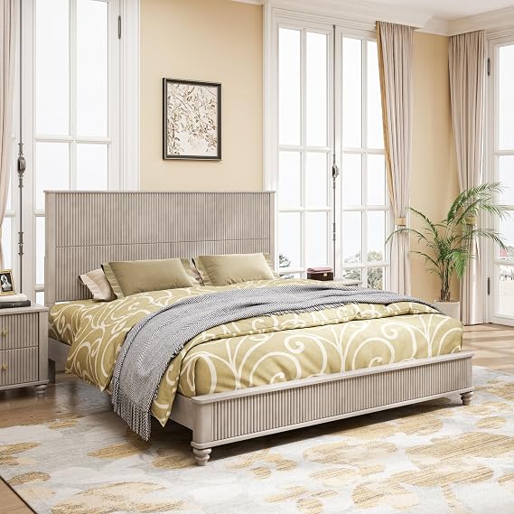 King Solid Wood Platform Bed Frame with Headboard, No Box Spring Needed