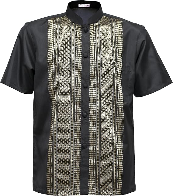 Men's Short Sleeve Mandarin Band Collar Casual Shirt (Black, L)