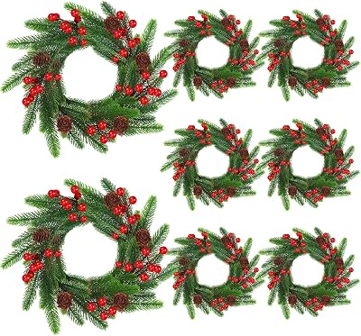 8 Pcs 11 Inch Small Christmas Candle Rings Wreaths Mini Christmas Wreath Artificial Pine Red Berries Pine Cone Faux Candle Ring Holder for Xmas Table Centerpiece Cabinet Window Door Decor