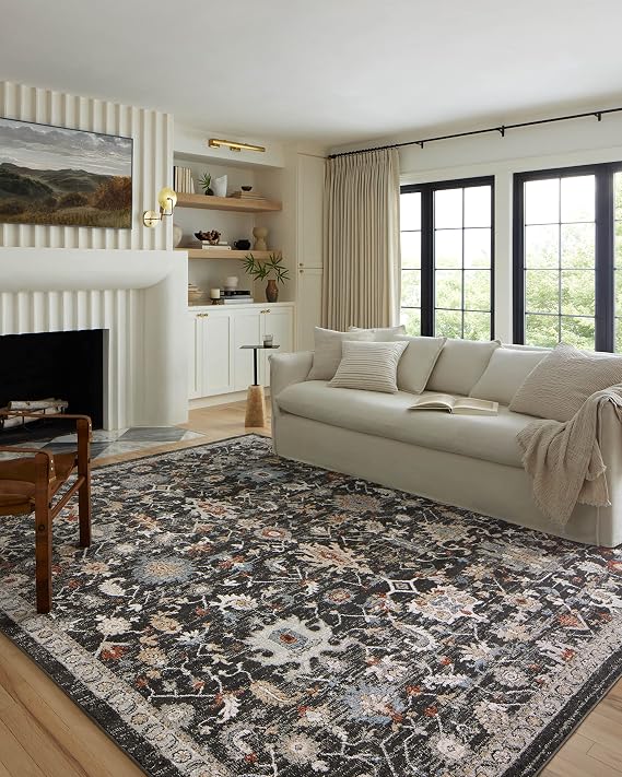 Loloi Odette Charcoal/Multi 6'-7" x 9'-6" Area Rug | ODT-04 Approx. 7x9 Grey Living room Dining room Bedroom, Vintage Inspired, Traditional, Elegant, Statement, Area Rug