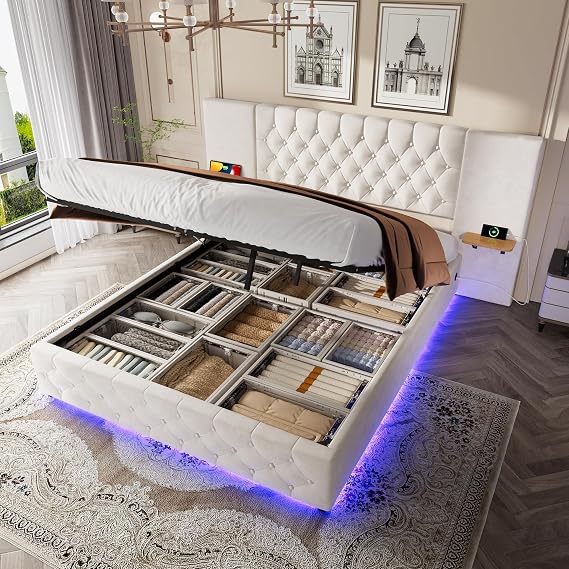 Bed Frame with Wide Headboard, L-E-D Light, U-S-B Connector, Hydraulic Lifting System and Large Under Bed Storage Space (Beige, 160 x 200cm)