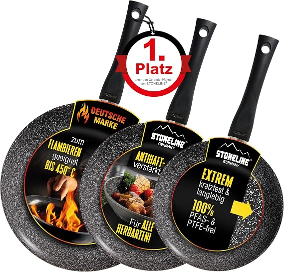 STONELINE Pan Set Aluminium, 3-Piece, Black, 20 cm (1 L), 24 cm (1.7 L), 28 cm (3.3 L), Cookware Set