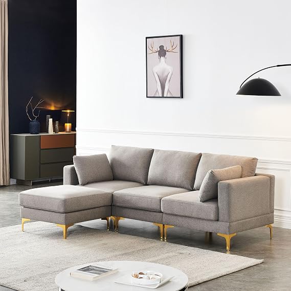 Small Sectional Couches for Living Room,l Shape Sectional Couch, Modular Combination Sofa with Movable Footstool, Living Room Fabric Sofa, Gray