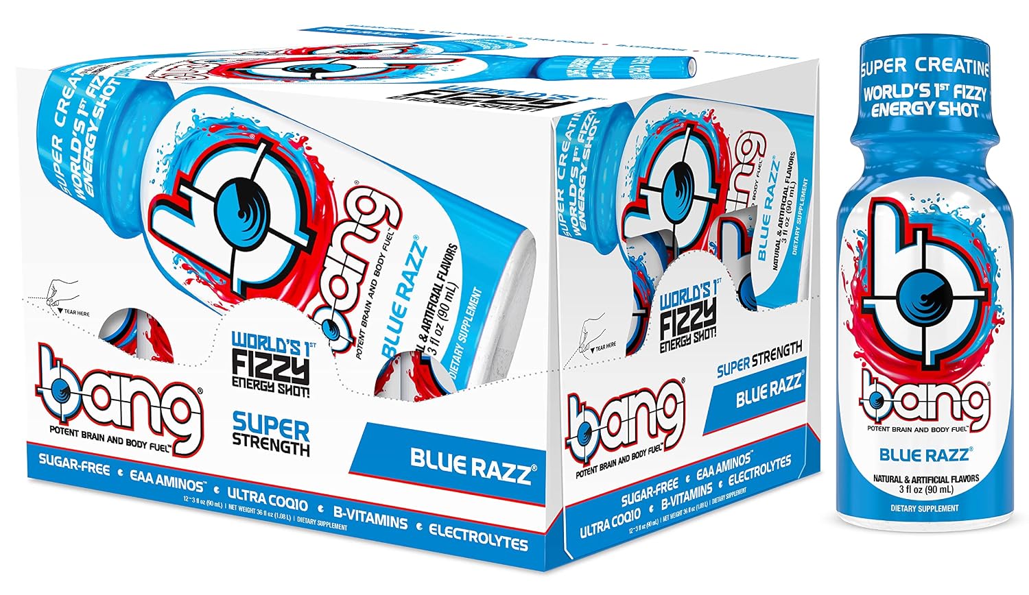 Bang Energy Shots, Blue Razz, Worlds 1st Carbonated Energy Shot with Super Creatine, 3 Fl Oz, Pack of 12