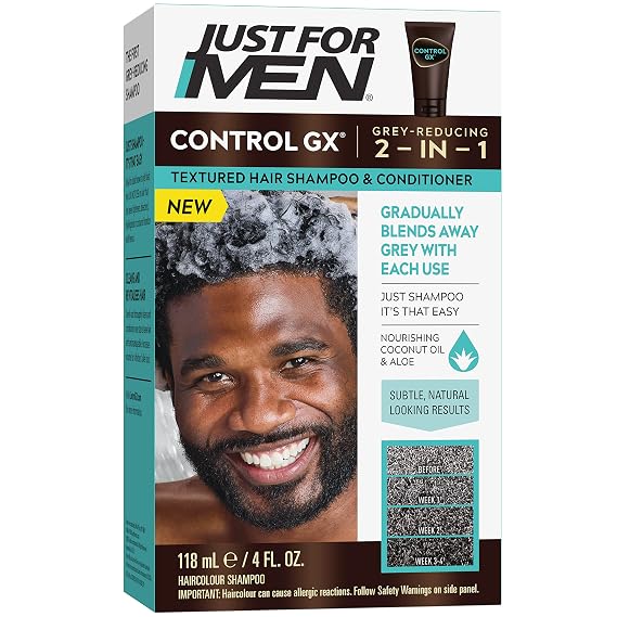 Just for Men Control GX Textured Hair Shampoo, Gradual Grey Reduction, 4oz | Control GX gradually reduces gray with every shampoo. Textured hair formula. Keratin enriched for thicker, fuller look.