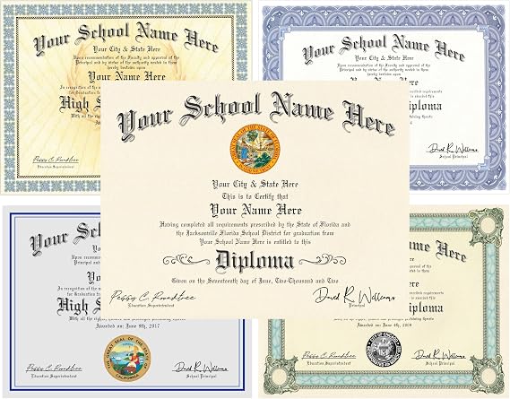 High School Diploma - 5 Piece Set - Custom Printed with Your Info - Premium Quality - 8.5 by 11 inches - Novelty Looks 100% Realistic