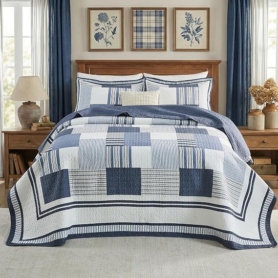 Oversized King Bedspread - 120" Lx120 W Extra Wide - 100% Cotton Stripe Plaid Reversible California Quilt Sets - Super Size Bed Spread Lightweight Thin Coverlet Set - Blue