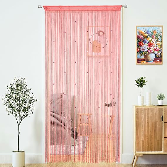 Beaded Curtain Door String Curtains for Doorways Tassels Beads Hanging Fringe Hippie Window Hallway Entrance Wall Closet Bedroom Privacy Decor (Pink, 39" W x 110" L (Pack of 1))