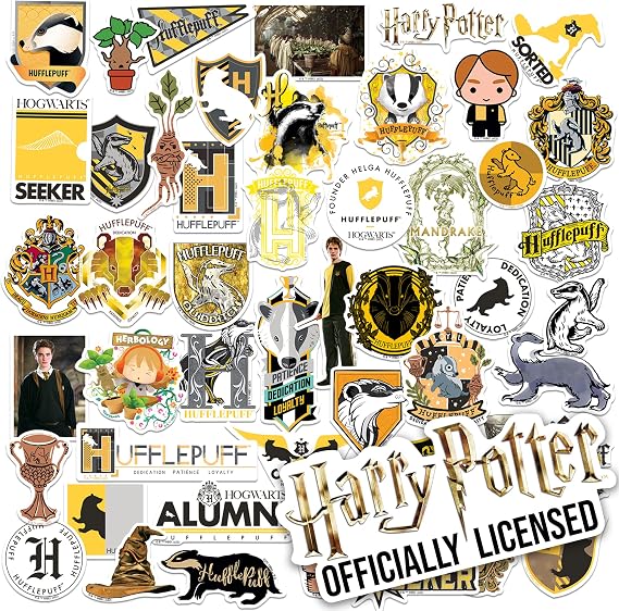 Harry Potter Hufflepuff Theme 50ct Vinyl Decals House Crests, Badger Symbols & Character Designs for Laptop, Water Bottle, Scrapbooking, Tablet, Indoor & Outdoor