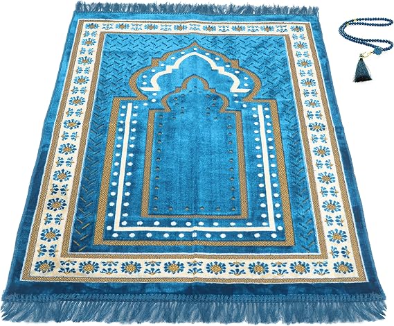TB Islamic Prayer Rug Thick Soft Velvet Muslim Mat Unique Arabic Turkish African Embroidered Design Prayer Bead Daily Salah Prayer Meditation Ramadan Eid Gift for Women Men Kids (Blue)
