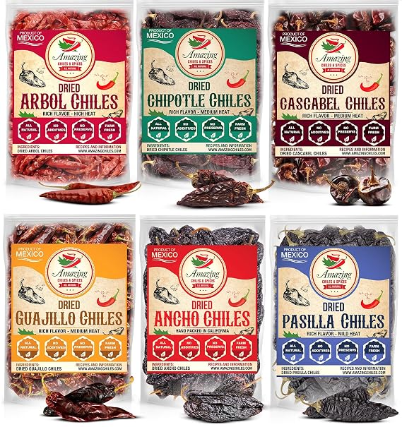 Dried Chile Peppers 6 Pack Ancho Guajillo Pasilla Arbol Chipotle Cascabel