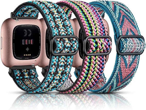 Maledan 3 Pack Elastic Solo Loop Compatible with Fitbit Versa 2 Bands for Women Men, Adjustable Stretchy Nylon Solo Loop Strap Wristbands for Fitbit Versa/Lite, Boho Green/Green Arrow/Colorful