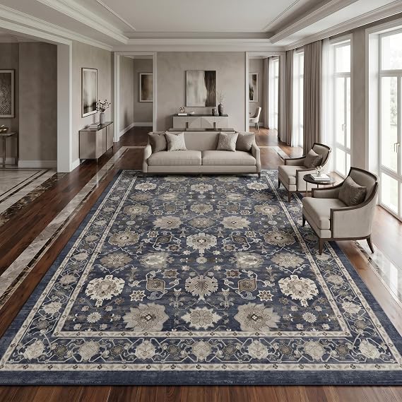 AMADA HOMEFURNISHING 9x12 Area Rug for Living Room, Vintage Washable Area Rug Low-Pile & Non-Slip Carpet for Bedroom Dining Room Nursery Home Office, Navy Blue/Brown