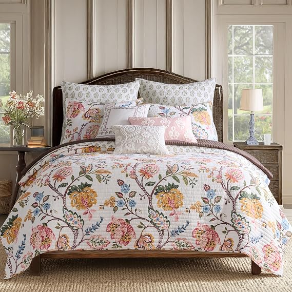 Levtex Home - Maileen Dusty Rose Quilt Set - King Quilt and Two King Shams - Floral - Dusty Rose Ochre Blue Green Brown Off-White - Quilt (106x92in.) and Shams (20x36in.) - Reversible - Cotton