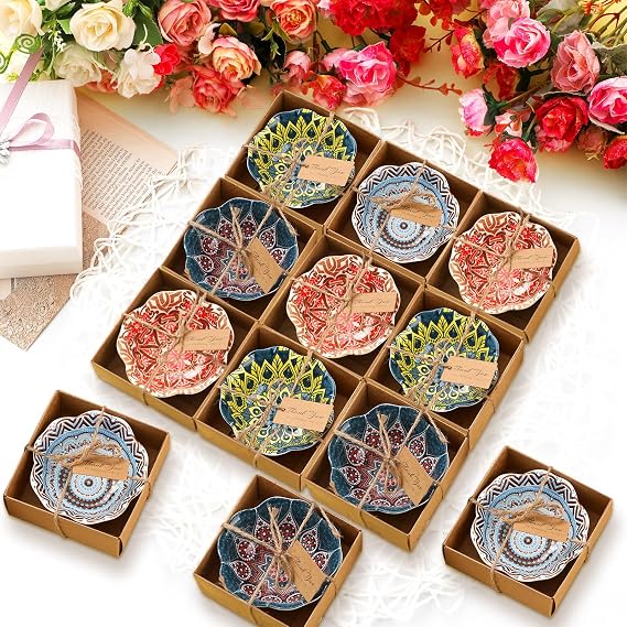 12 Pcs Wedding Favors for Guests 3.3 Inches Small Ceramic Bowl Dipping Bowl Mexican Pottery Boho Dishes Wedding Souvenirs for Bridal Pooja Baby Shower Birthday Guest Return Gift (Bohemian)