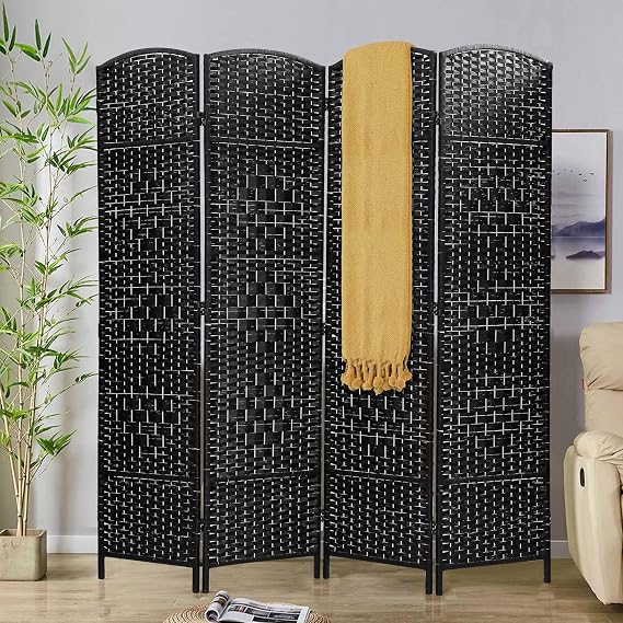 Room Divider 6 Ft Folding Wall Divider with Diamond Woven Fiber, Indoor Portable Room Partitions and Dividers for Room Separation,Rattan Room Dividers and Folding Privacy Screens,Black(4 Panel)