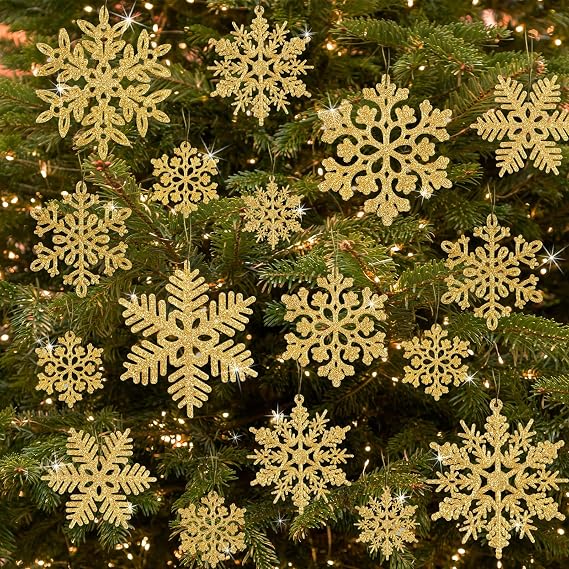 72Pcs Snowflakes Christmas Tree Decorations - Gold Christmas Tree Ornaments Hanging Glitter Snowflakes for Christmas Tree Winter Holiday Party Wall Ceiling Window Decorations