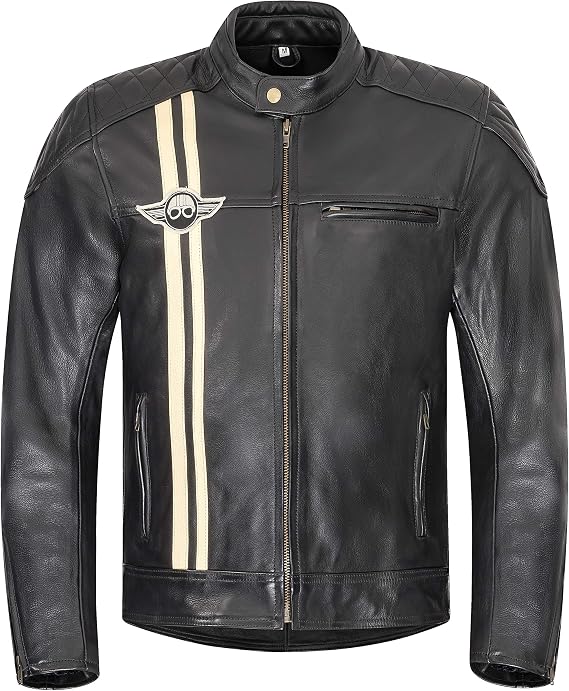 XLS Motorradjacke Classic Stripes für Herren schwarz aus Leder Retro Bikerjacke herausnehmbares Thermofutter Größe L