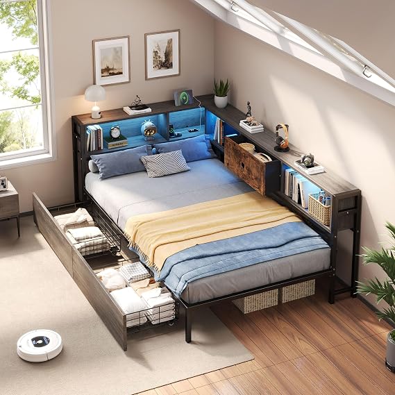 3ft Single Metal Bed Frame with 2 Drawers&Storage Compartments, Functional Daybed with RGB LED Lights&Charging Station, Storage Bed Sofa Bed Guest Beds for Adults&Teens, No Mattress, Grey&Rustic Brown