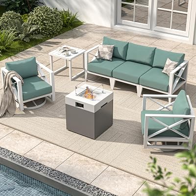 MBY Aluminum Patio Furniture Set with Fire Pit Table, 7-Piece All-Weather Outdoor Conversation Set with Swivel Rocking Chairs, Oversized Modern Sofa for Backyard,Deck,BalconyWhite