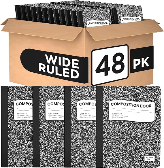 Composition Notebook Wide Ruled Composition Notebooks Bulk Black Marble Hard Cover Wide Ruled Notebook Paper Note Books For Schools Marble Composition Books 100 Sheets 200 Pages 9.75 x 7.25 (48 Pack)