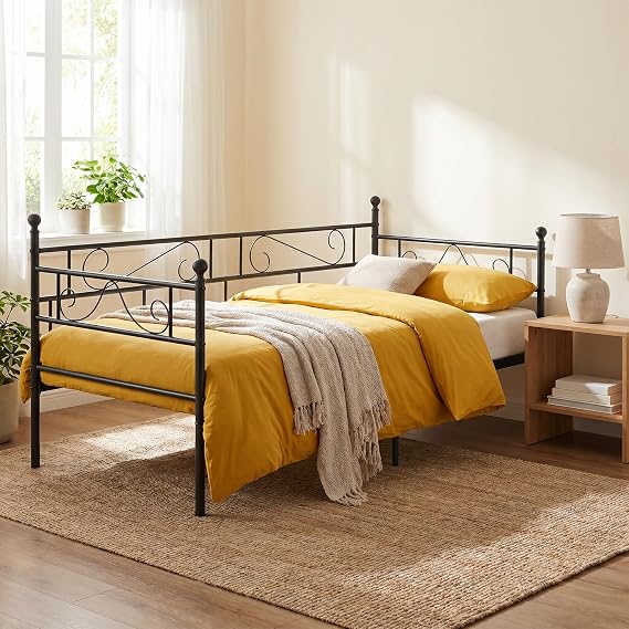 buybyroom Daybed Single Sofa Bed Frame with Headboard and Solid Metal Slat Guest Sofa Bed for Living Room Bed Room (Black)