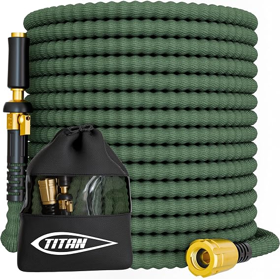 TITAN Flexible Garden Hose 50FT Ultra Lightweight, Heavy Duty Water Hose with Brass Fittings & Jet Nozzle Kink-Free, Non-Expanding, Durable Fabric Hose for Yard, Lawn, Car Wash, Outdoor Use