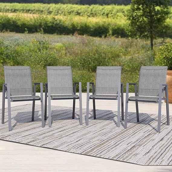 Patio Chairs Set of 4, Stackable Outdoor Dining Chairs with Metal Frame and Breathable Textilene Fabric, All Weather Dining Furniture Set for Lawn, Garden, Backyard, Poolside, Grey