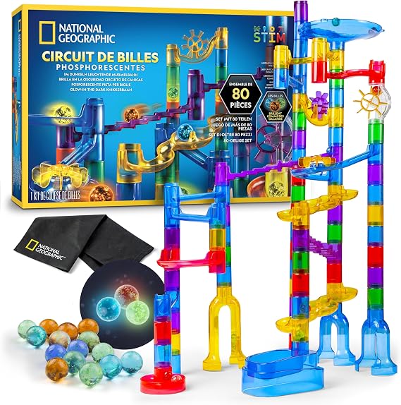 NATIONAL Geographic Luminous Marble Run - Construction Set with 15 Glow in the Dark Glass Marbles & Storage Bag Mint Toy for Boys and Girls