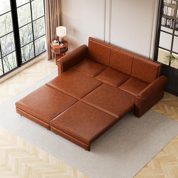 93.7" King Pull Out Sofa Bed with Deep Seat, 3-in-1 Faux Leather Convertible Sleeper Sofa with Nailhead Trim & Rolled Arm, Cushie Sleeper Couch for Living Room, Office, Apartment, Light Brown