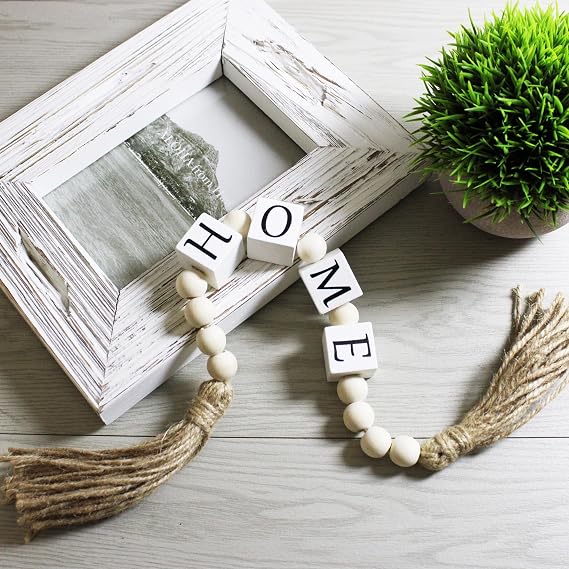 Home Letter Block Wood Bead with Tassels Farmhouse Home Decor, Boho Wooden Beads Modern Style Decoration New Home Housewarming Gifts for Living Room Tabletop Tiered Tray Mantel Shelf, 20''