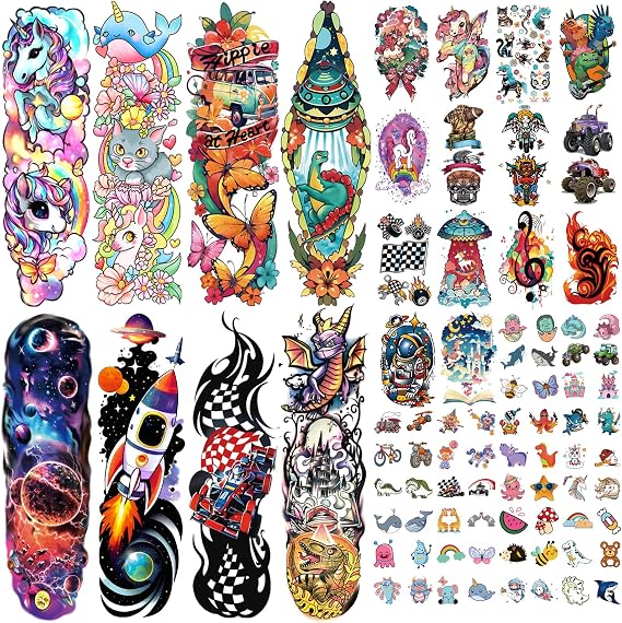 52 Pcs Temporary Tattoo for Kids Full Arm Castle Butterfly Cat Truck Dinosaur Rocket Planet Cute Animal Body Face Fake Arm Tattoos for Girls Boys Tiny Tattoo Stickers Birthday Gifts Party Supplies