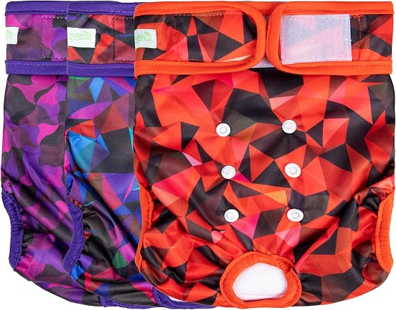 wegreeco Washable Female Dog Diapers Highly Absorbent Reusable Diapers for Dog in Heat Period, 3 Pack (Abstract Geometrical Purple, Medium)