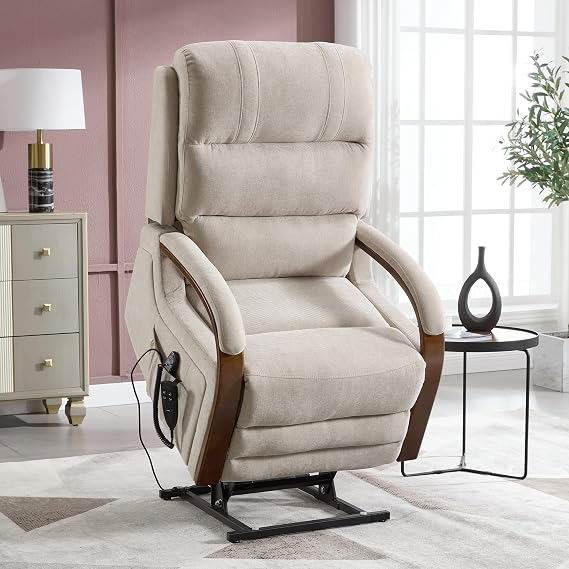 Luxlen Electric Power Lift Recliner Chair for Elderly People, Dual Motor Power Lift Chair with Vibration Massage and Heat, Lay Flat Recliner, Standing Assistance Reclining, Chenille Fabric Beige