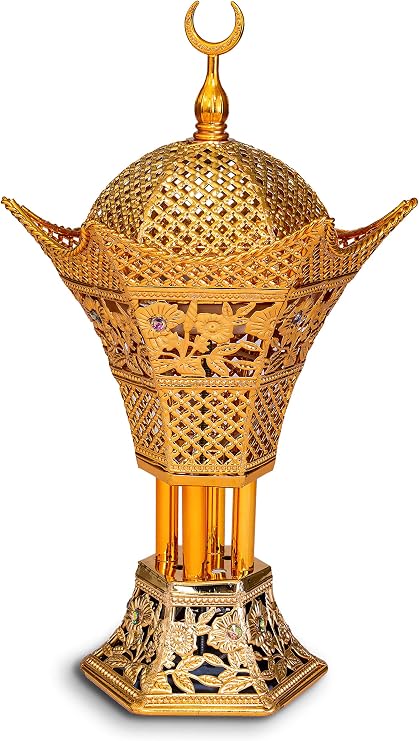 AM Bakhoor Charcoal Incense Burner Luxury Gold Frankincense Resin Burner for Oud, Bakhoor, Incense Sticks & Cones Decorative Metal Holder with Removable Lid & Safe Flame Control (Gold)