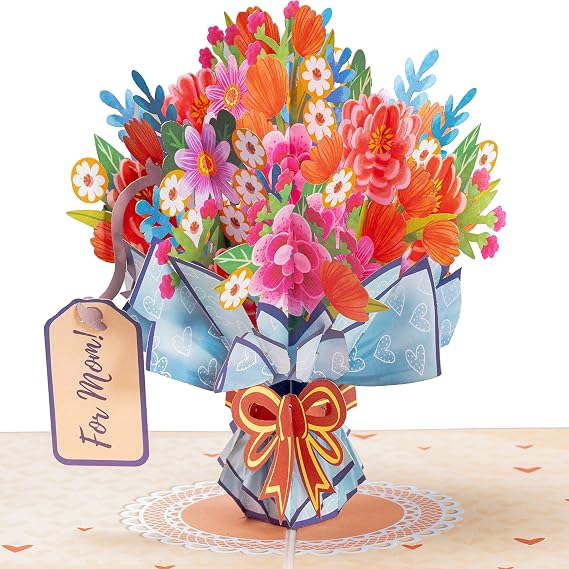Paper Love 3D Flower Bouquet Pop Up Mothers Day Card, For Mom, Wife - 5" x 7" Cover - Includes Envelope and Note Tag