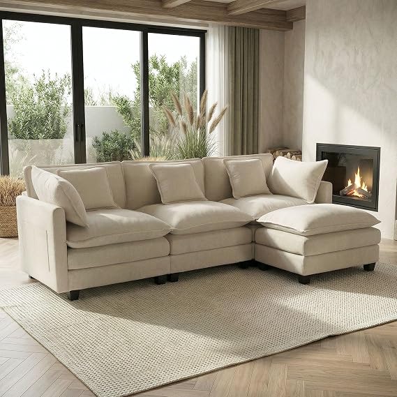 GRAVFORCE 239cm L Shaped Sofa with Movable Ottoman Footstool Chenille Beige | Oversized Modular 3-seater Sectional Sofa with Deep Seat Wide Armrests Cloud Corner Couch Sofa Perfect for Livingroom Bedroom