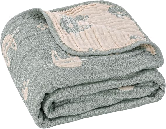 Muslin Baby Blanket Organic Cotton Blend Jacquard (Sage Bunny,43")