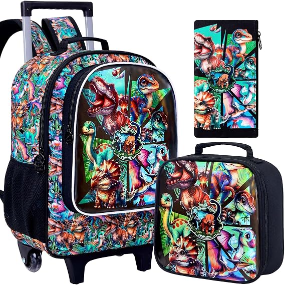 AGSDON 3PCS Rolling Backpack for Girls and Boys, Kids Roller Wheels Bookbag, Wheeled Elementary School Bag with Lunch Bag