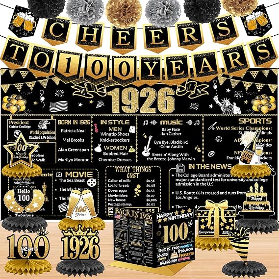 100th Birthday Decorations for Women Men, 18PCS Black Gold Back in 1926 Banner Decorations, Bday Backdrop, 100 Year Old Banner for Grandma Grandpa, Birthday Card, 6 Paper Poms 9 Honeycomb Balls