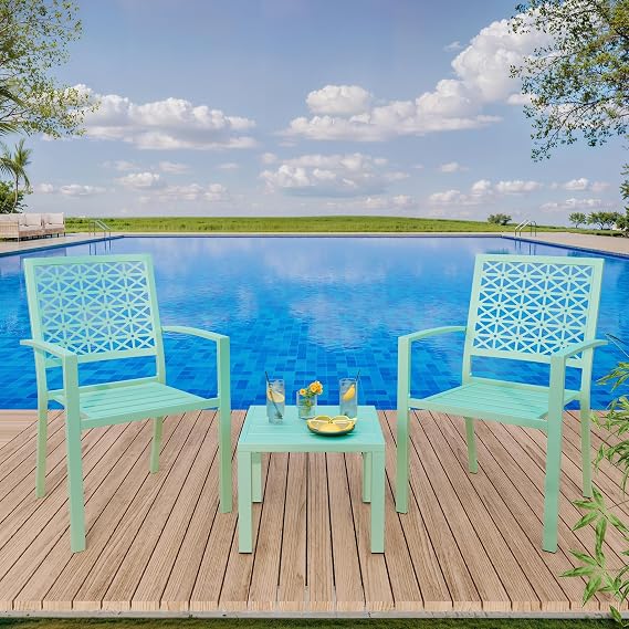 IDEALHOUSE Patio Bistro Set 3 Piece, Bistro Table and Chairs Set of 2 Outdoor, Small Patio Furniture Sets with Coffee Table for Balcony, Front Porch, Apartments, Deck, Backyard, Green
