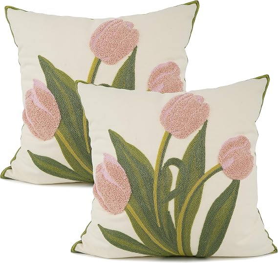 YOUR SMILE Pack of 2 Embroidered Decorative Throw Pillow Cover 18x18 Inch Farmhouse Floral Floor Pillowcase for Couch Living Room Sofa Bed,Pink Tulip