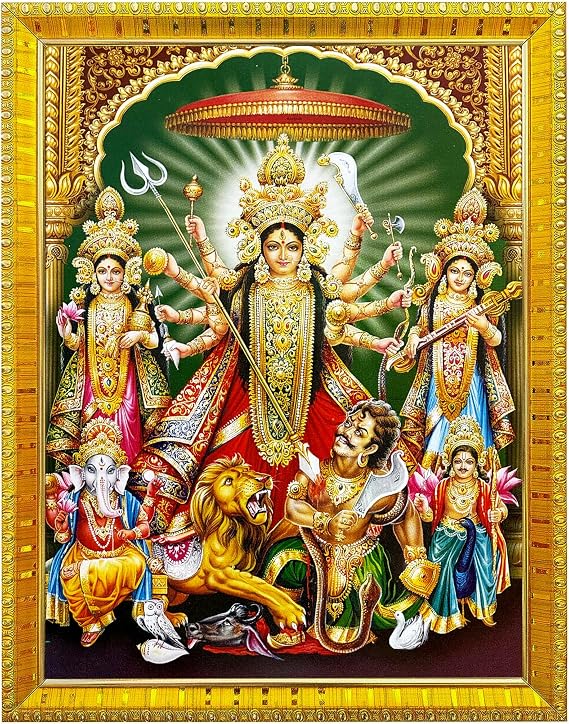 Koshtak Mahishasuramardini Durga Photo Frame With Glossy Lamination On Poster With Golden Frame For Puja Room/Temple/Wall Hanging/Gift/Home Decor/Worship Size 30cm x 23 cm…..