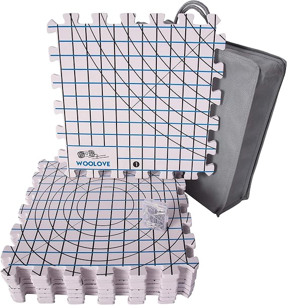 Blocking Mats for Wet and Steam Blocking with Grids and Radial Circles for Curved Projects - 1 cm Thickness - Set of 9 Marked with Numbers Includes 50 t pins and Storage Bag